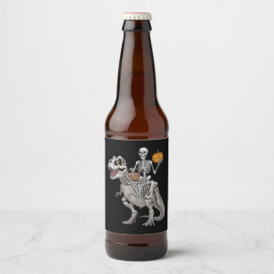 Skeleton Riding Mummy Dinosaur T rex Halloween Beer Bottle Label