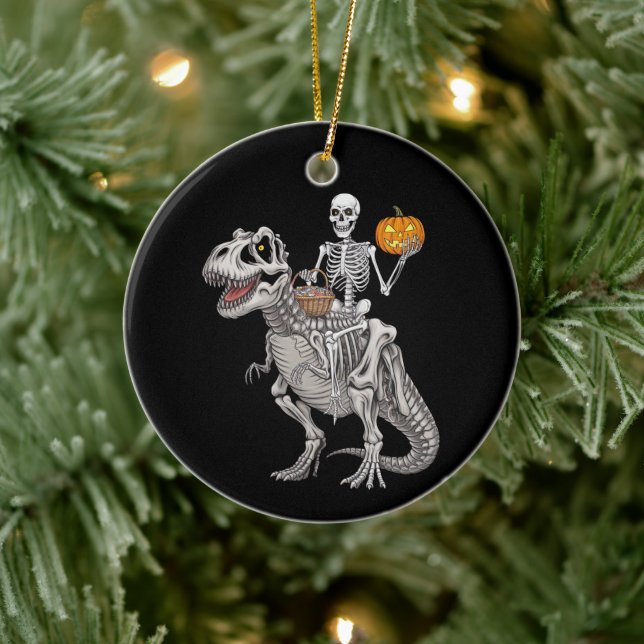 Skeleton Riding Mummy Dinosaur T rex Halloween  Ceramic Ornament (Tree)