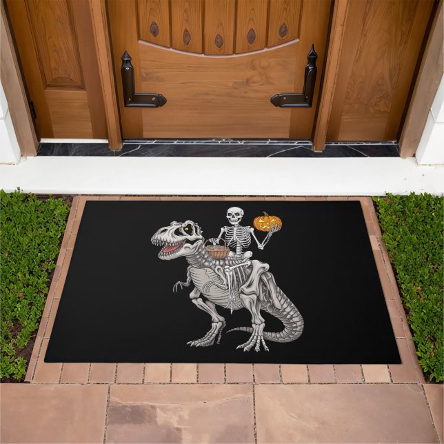 Skeleton Riding Mummy Dinosaur T rex Halloween  Doormat (Outdoor)