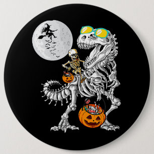 Skeleton Riding Mummy Dinosaur T Rex Halloween Fun Button