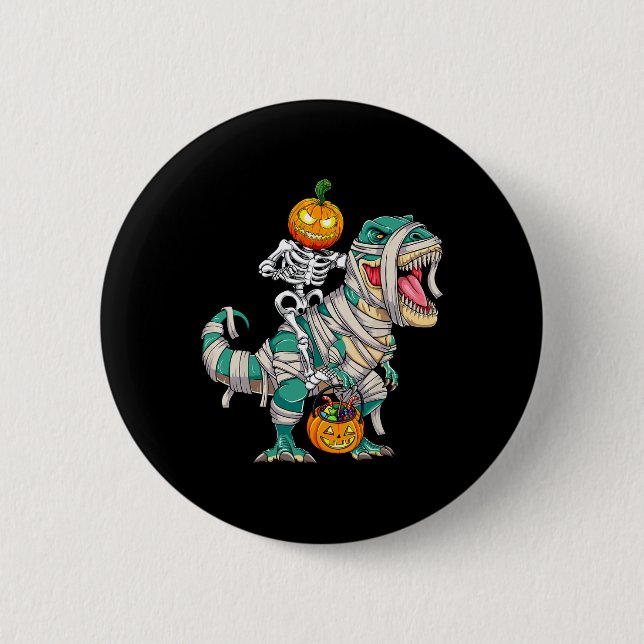 Skeleton Riding Mummy Dinosaur T rex Halloween Fun Button (Front)