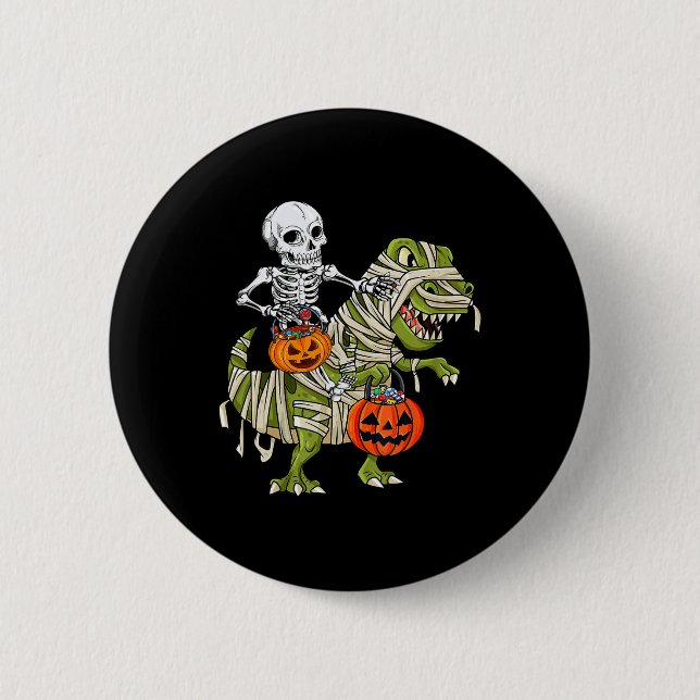 Skeleton Riding Mummy Dinosaur T rex Halloween Fun Button (Front)
