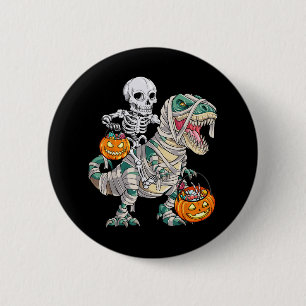 Skeleton Riding Mummy Dinosaur T Rex Halloween Fun Button