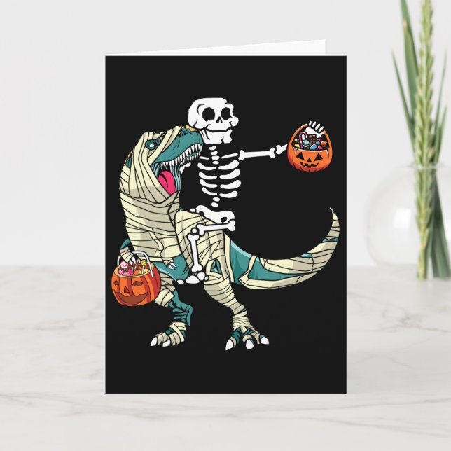 Skeleton Riding Mummy Dinosaur T Rex Halloween Fun Card (Front)
