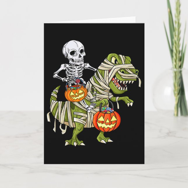 Skeleton Riding Mummy Dinosaur T Rex Halloween Fun Card (Front)
