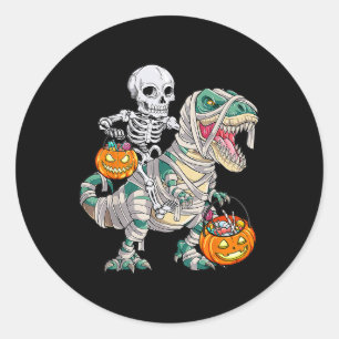 Skeleton Riding Mummy Dinosaur T Rex Halloween Fun Classic Round Sticker