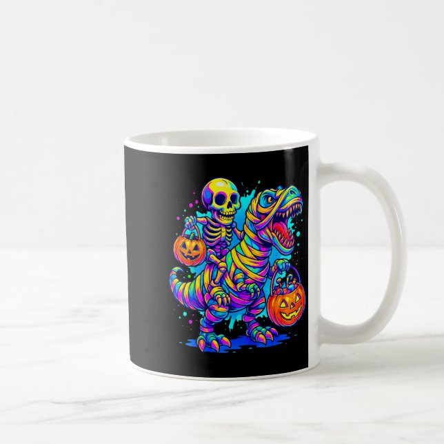 Skeleton Riding Mummy Dinosaur T Rex Halloween Fun Coffee Mug (Right)
