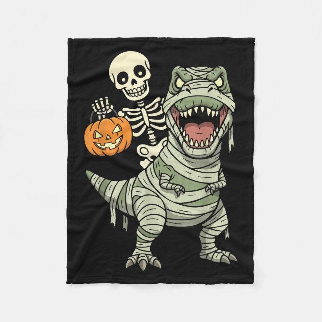 Skeleton Riding Mummy Dinosaur T Rex Halloween Fun Fleece Blanket (Front)