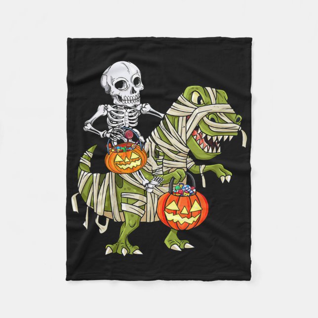 Skeleton Riding Mummy Dinosaur T Rex Halloween Fun Fleece Blanket (Front)