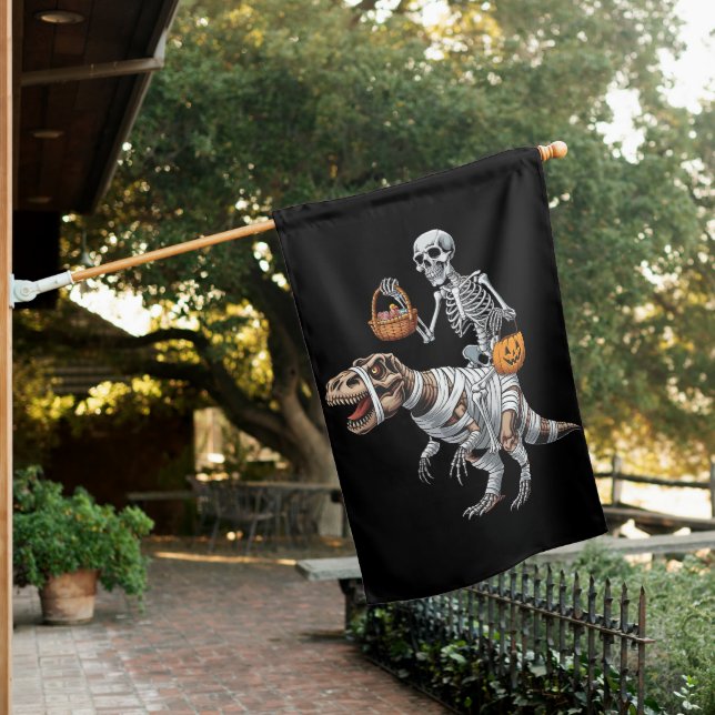 Skeleton Riding Mummy Dinosaur T rex Halloween Fun House Flag (In SItu)