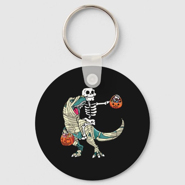 Skeleton Riding Mummy Dinosaur T Rex Halloween Fun Keychain (Front)