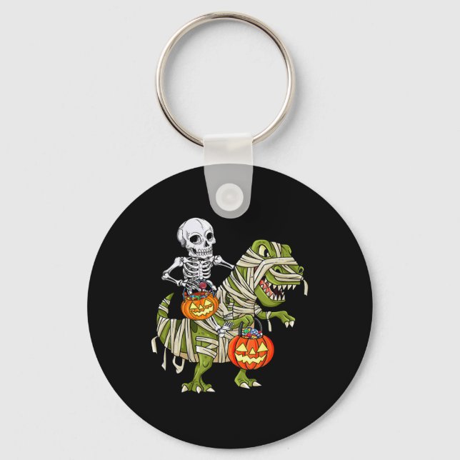 Skeleton Riding Mummy Dinosaur T Rex Halloween Fun Keychain (Front)