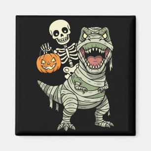 Skeleton Riding Mummy Dinosaur T Rex Halloween Fun Magnet