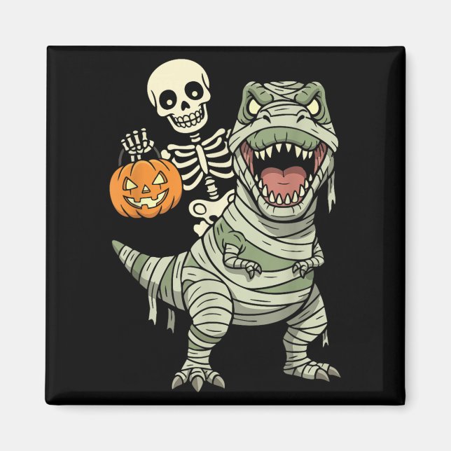 Skeleton Riding Mummy Dinosaur T Rex Halloween Fun Magnet (Front)