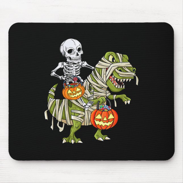 Skeleton Riding Mummy Dinosaur T Rex Halloween Fun Mouse Pad (Front)