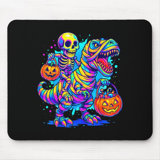 Skeleton Riding Mummy Dinosaur T Rex Halloween Fun Mouse Pad (Front)
