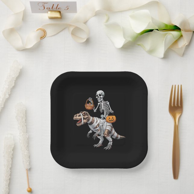 Skeleton Riding Mummy Dinosaur T rex Halloween Fun Paper Plates (Wedding)
