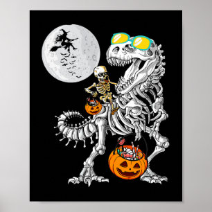 Skeleton Riding Mummy Dinosaur T Rex Halloween Fun Poster