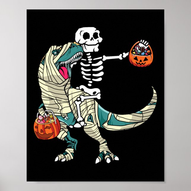 Skeleton Riding Mummy Dinosaur T Rex Halloween Fun Poster (Front)