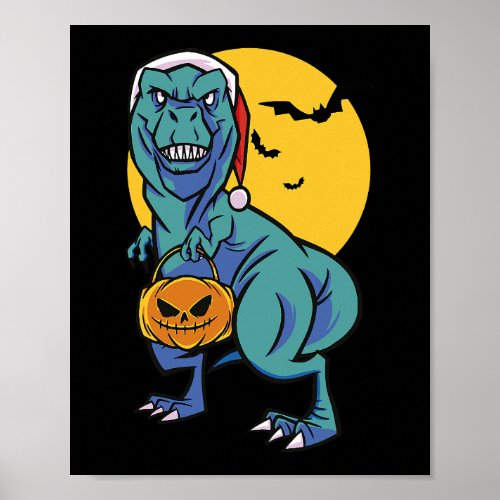 Skeleton Riding Mummy Dinosaur T rex Halloween Fun Poster