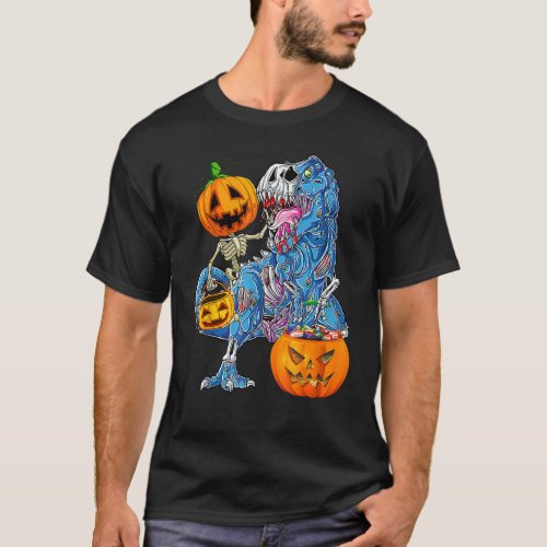 Skeleton Riding Mummy Dinosaur T rex Halloween Fun T_Shirt