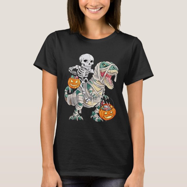 Skeleton Riding Mummy Dinosaur T rex Halloween Fun T-Shirt (Front)