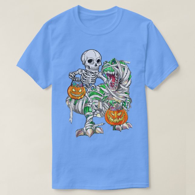 Skeleton Riding Mummy Dinosaur T Rex Halloween Fun T-Shirt (Design Front)