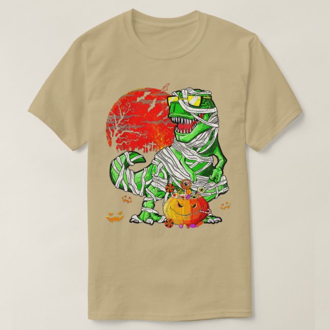 Skeleton Riding Mummy Dinosaur T rex Halloween Fun T-Shirt (Design Front)