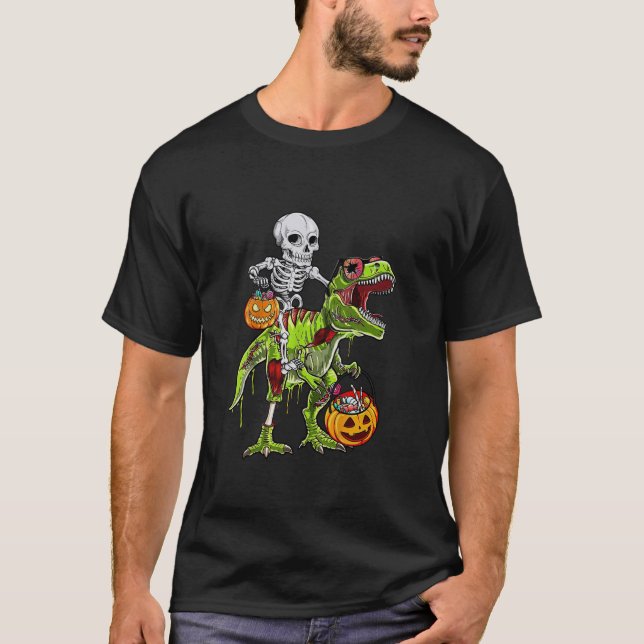 Skeleton Riding Mummy Dinosaur T Rex Halloween Fun T-Shirt (Front)