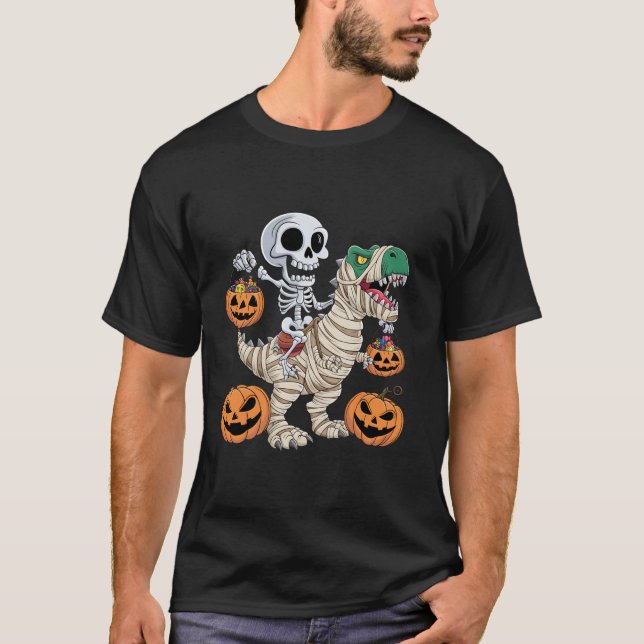 Skeleton Riding Mummy Dinosaur T rex Halloween Fun T-Shirt (Front)