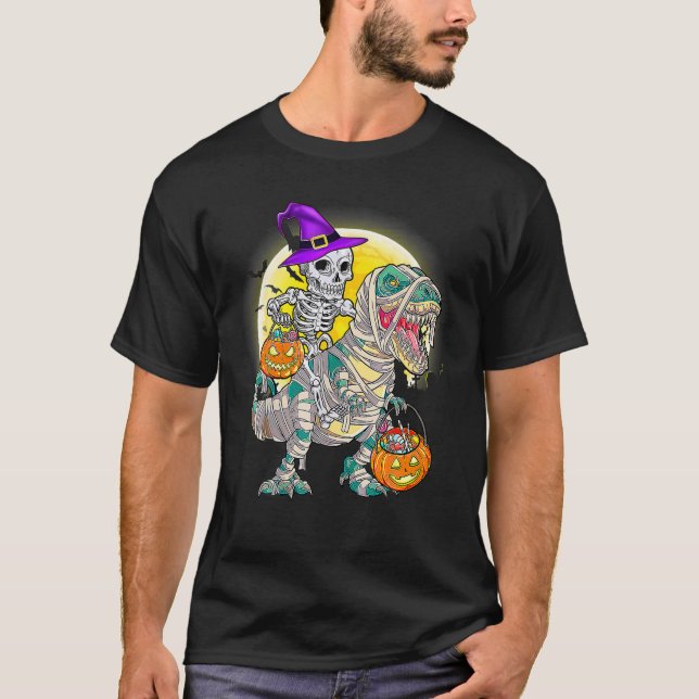 Skeleton Riding Mummy Dinosaur T Rex Halloween Fun T-Shirt (Front)
