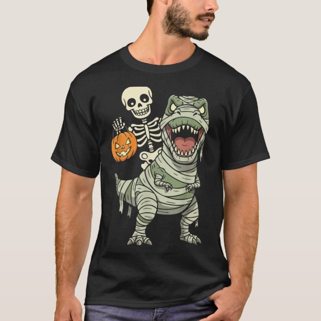 Skeleton Riding Mummy Dinosaur T Rex Halloween Fun T-Shirt (Front)