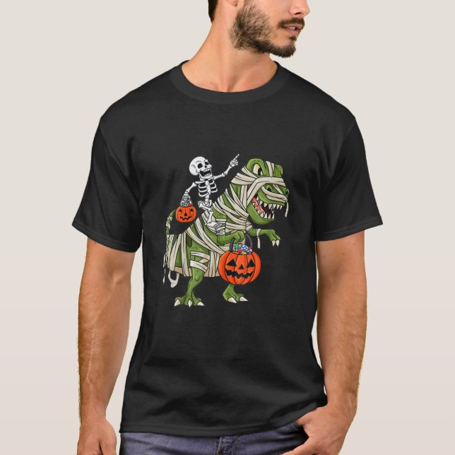 Skeleton Riding Mummy Dinosaur T Rex Halloween Fun T-Shirt (Front)