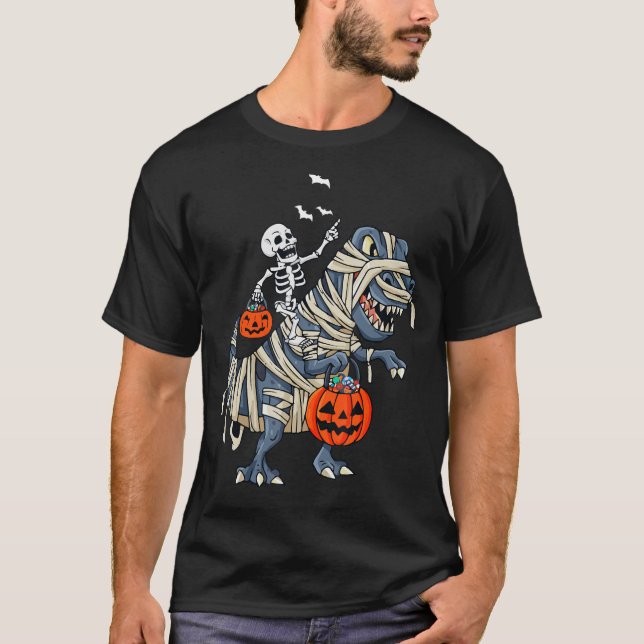 Skeleton Riding Mummy Dinosaur T rex Halloween Fun T-Shirt (Front)