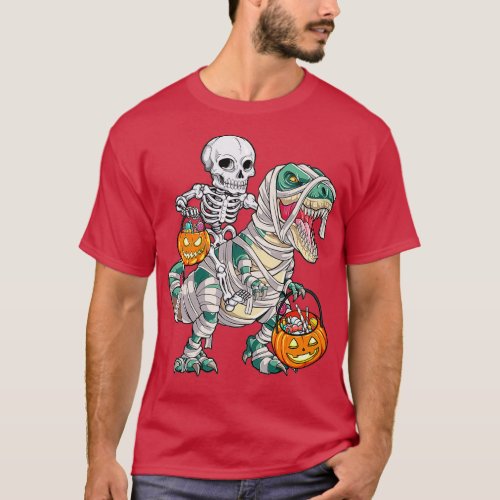 Skeleton Riding Mummy Dinosaur T rex Halloween Fun T_Shirt