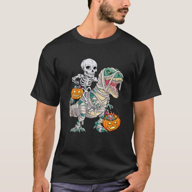Skeleton Riding Mummy Dinosaur T Rex Halloween Fun T-Shirt (Front)