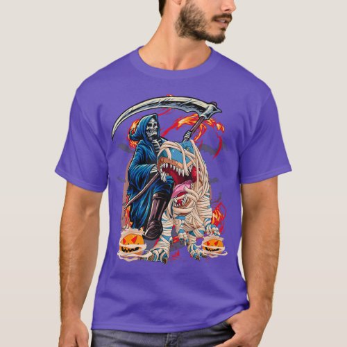 Skeleton Riding Mummy Dinosaur T rex Halloween Fun T_Shirt