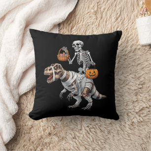 Skeleton Riding Mummy Dinosaur T rex Halloween Fun Throw Pillow