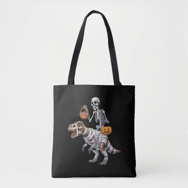 Skeleton Riding Mummy Dinosaur T rex Halloween Fun Tote Bag (Front)
