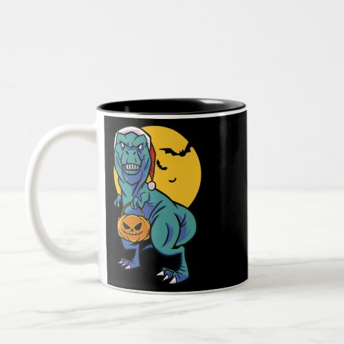 Skeleton Riding Mummy Dinosaur T rex Halloween Fun Two_Tone Coffee Mug