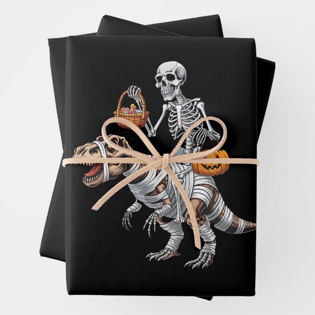 Skeleton Riding Mummy Dinosaur T rex Halloween Fun Wrapping Paper Sheets (In situ)
