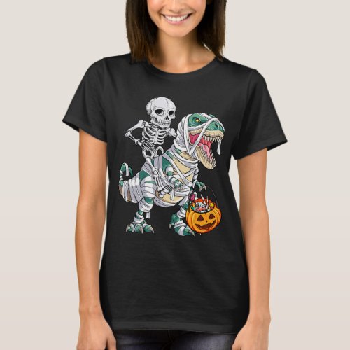 Skeleton Riding Mummy Dinosaur T rex Halloween Kid T_Shirt