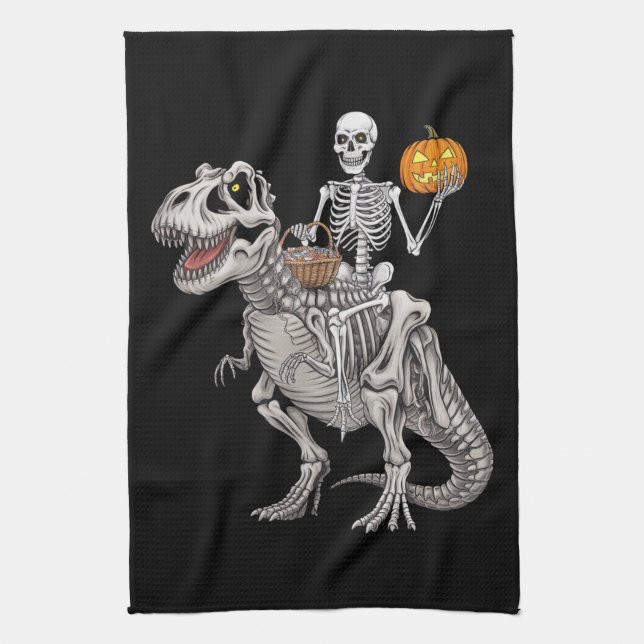 Skeleton Riding Mummy Dinosaur T rex Halloween  Kitchen Towel (Vertical)