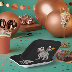 Skeleton Riding Mummy Dinosaur T rex Halloween Paper Plates