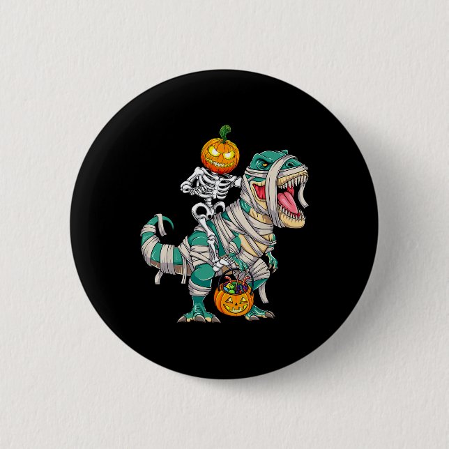 Skeleton Riding Mummy Dinosaur T rex Halloween Pum Button (Front)