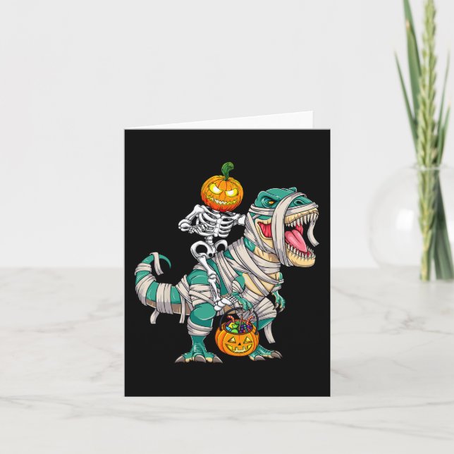Skeleton Riding Mummy Dinosaur T rex Halloween Pum Card (Front)