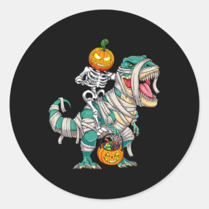 Skeleton Riding Mummy Dinosaur T rex Halloween Pum Classic Round Sticker