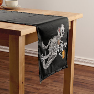 Skeleton Riding Mummy Dinosaur T rex Halloween Short Table Runner