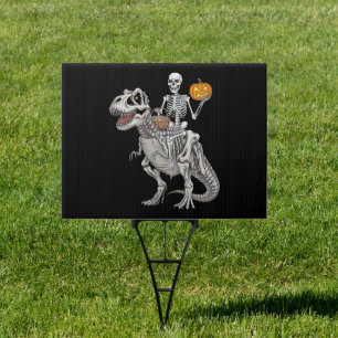 Skeleton Riding Mummy Dinosaur T rex Halloween Sign
