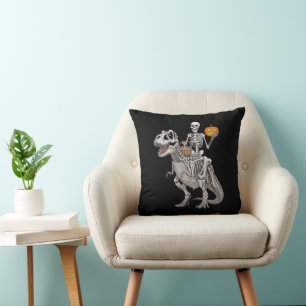 Skeleton Riding Mummy Dinosaur T rex Halloween Throw Pillow